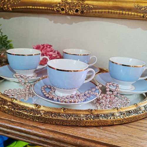 Doulton Bruce Oldfield 2004 porcelain tea cup set with gold trim, 4 pcs