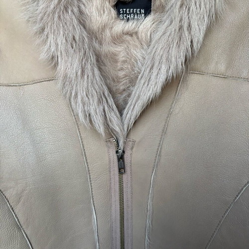 Mouton fur vest used, genuine, gray and beige