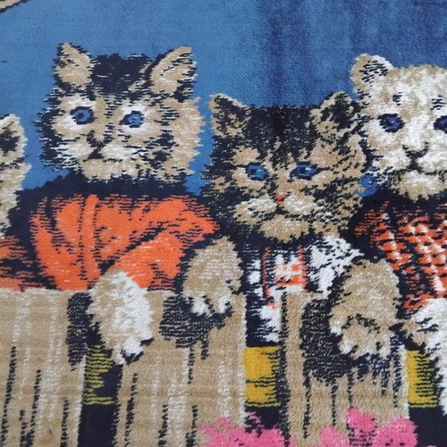 Vintage tapestry rug 'Kittens on the Fence' velvet wall hanging