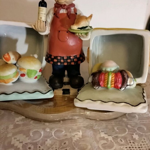 Kitchen spice set like new with ceramic jars and bamboo wooden tray