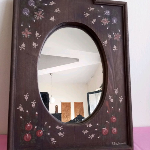 Wooden handmade mirror used with signature and painting 35x25 cm