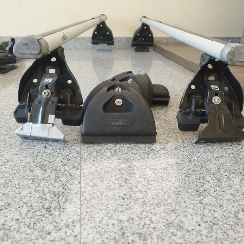 Car Roof Bars set used, aluminum Hakr with snowboard and bike mounts