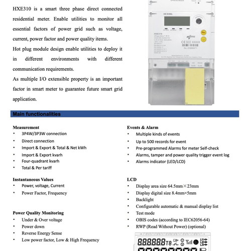Three-Phase Electricity Meter kWh Hexing HXE310 new with telemetry modem