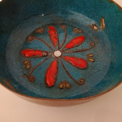 Vintage handmade brass bowl with enamel decoration used