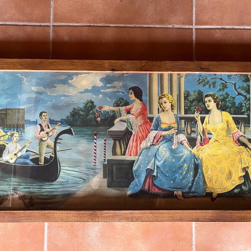 Popular folk lithograph 1960 used, framed 76x36 cm