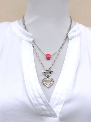 Σετ 2 ατσάλινα κολιέ λαιμού με καρδιά και κεραμική πέτρα, καινούργιο