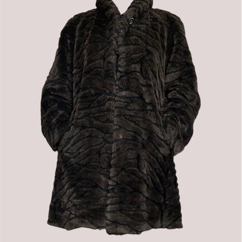 Vintage mid-length faux fur coat used, black and brown