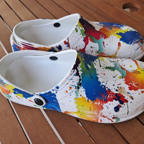 Clogs unisex size 44 with colorful paint splash design like new