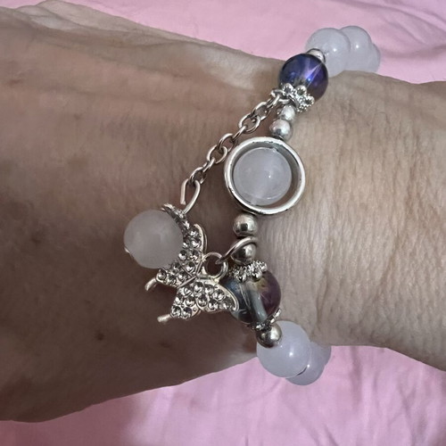 Pink Moonlight Glass Cat's Eye Beaded Bracelet with Butterfly Charm like new