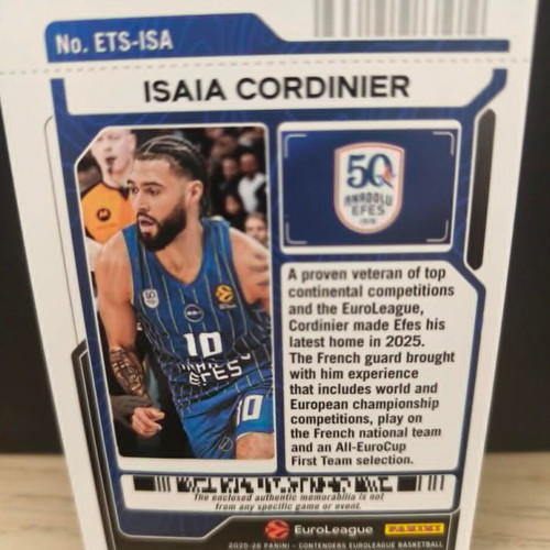 2025-26 Panini Contenders Euroleague Isaia Cordinier Patch card new