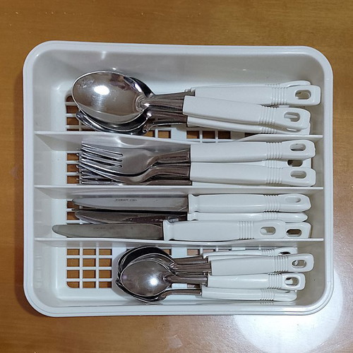 Cutlery set 24 pieces with white plastic handle and storage case