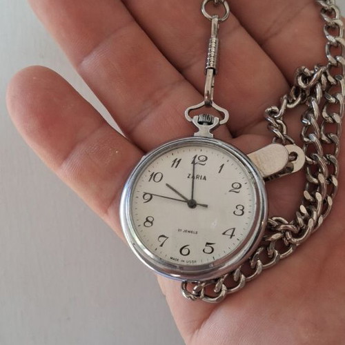 ZARIA Retro pocket watch used, wind-up, gray and silver