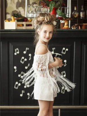 Mini Raxevsky triple set shorts crop top tunic with fringes size 5