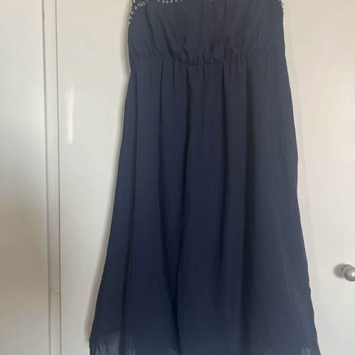 Strapless dress used with silver beads, dark blue, Pink Woman, small
