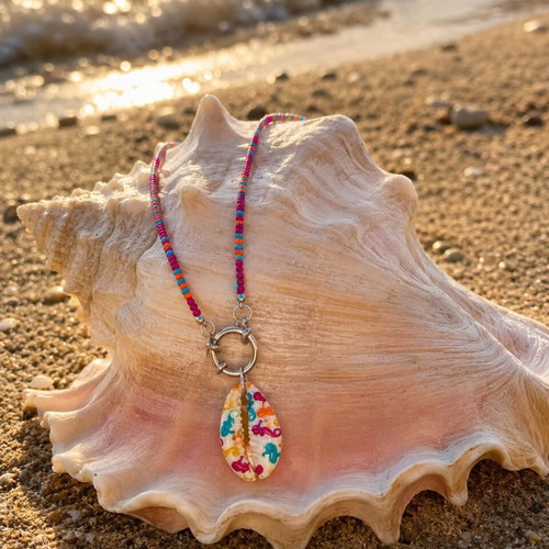Handmade Necklace with Czech beads, stainless steel nautical steering wheel clasp, hand-painted shell
