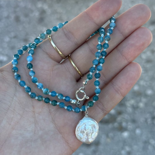 Apatite Necklace with Baroque Pearl and Silver 925 Like New