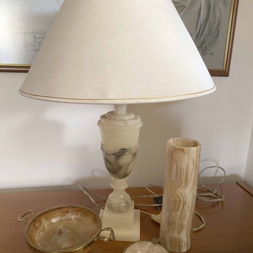 Vintage Onyx Marble Set Made in Italy with Lamp, Vase, Bowl & Ashtray