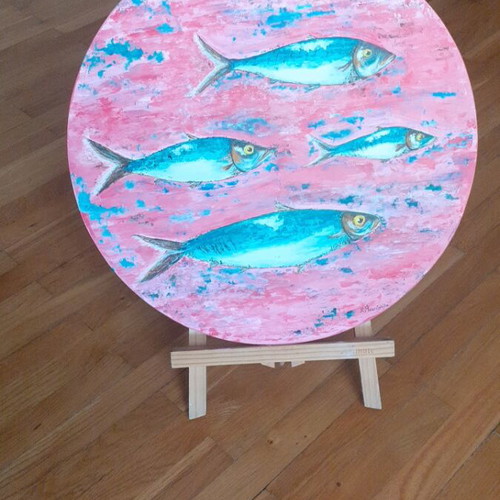 Handmade painting on driftwood new, 38 cm diameter