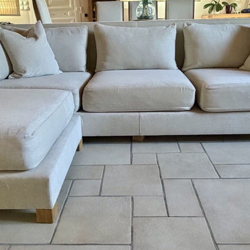 COCO-MAT luxury sofa and ottoman, beige chenille upholstery