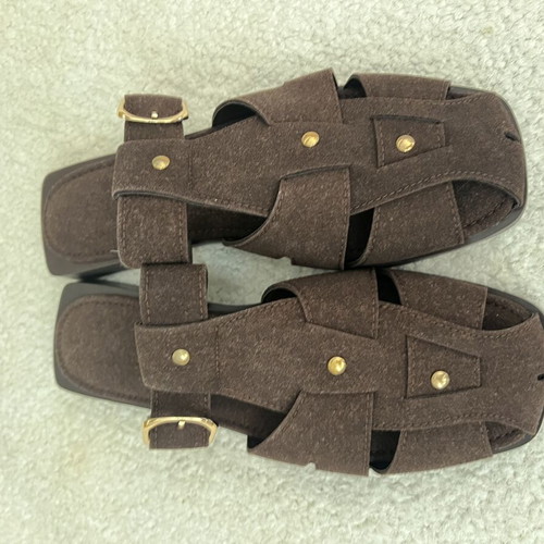 Fisherman brown flat sandals new, eco suede, gold buckle