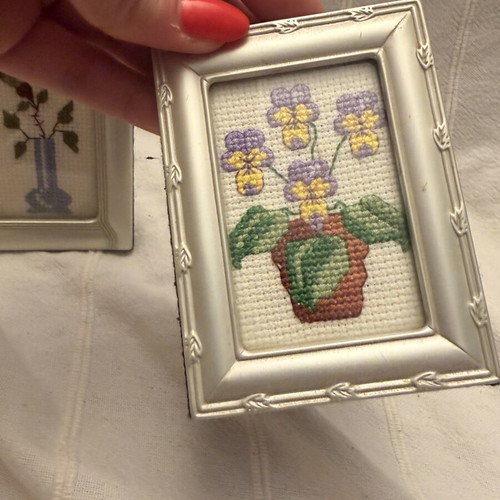 Cross stitch pictures used, set of 2 with frame, floral design