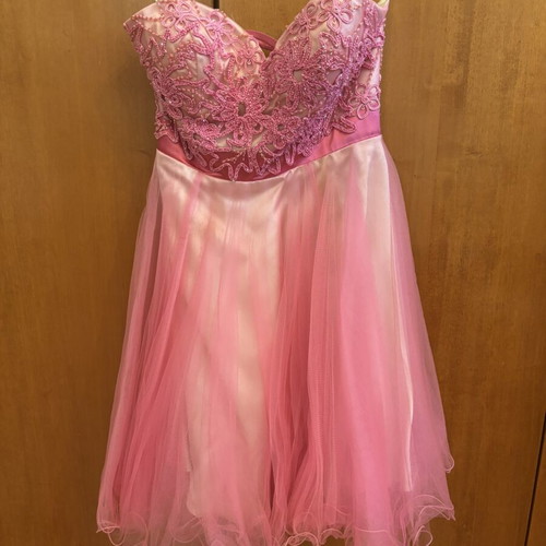 Maestri pink cocktail dress with lace embroidery and tulle, strapless
