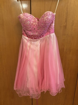 Maestri pink cocktail dress with lace embroidery and tulle, strapless