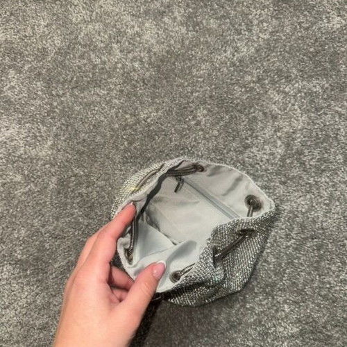 Evening bag new, silver with strass and adjustable strap