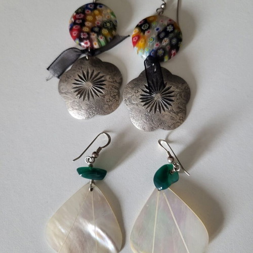 Earrings like new, 2 pairs of dangle with white iridescent stone