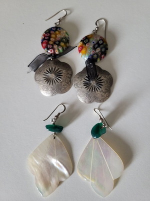 Earrings like new, 2 pairs of dangle with white iridescent stone