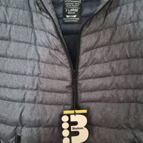 Men's quilted Biston jacket with hood new, gray blue XL