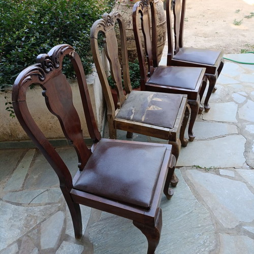 Vintage dining chairs set of 4 used, solid wood and leatherette