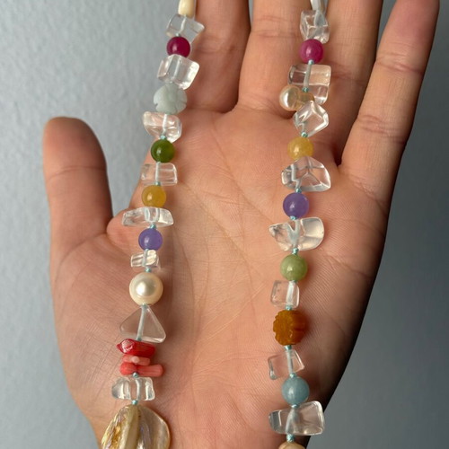 Quartz necklace with semi-precious stones and pearls on blue silk thread, new