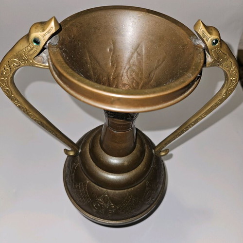 Antique Art Nouveau Copper Vase with Twin Snake Brass Handles used