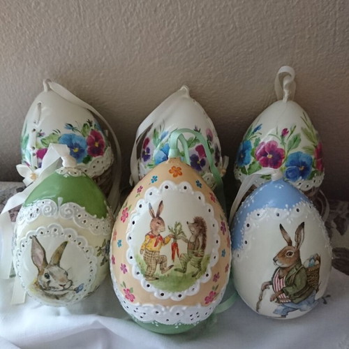 Decorative Easter eggs new, set of 6 plastic with lace imitation