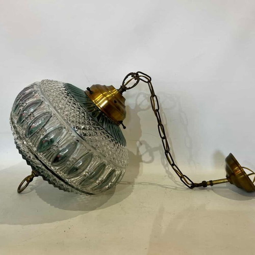 Vintage ceiling light made of blown glass with embossed pattern and brass details from the 60s used
