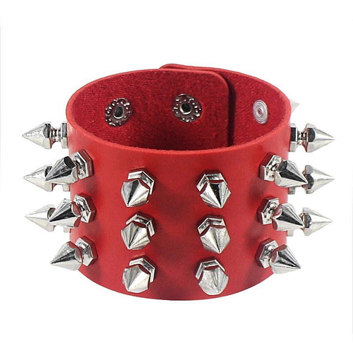 Gothic Metal Style Bracelet with Three Rows of Red Spikes