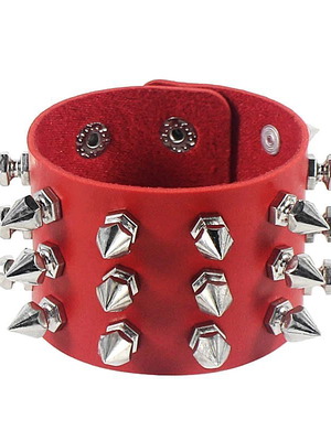 Gothic Metal Style Bracelet with Three Rows of Red Spikes