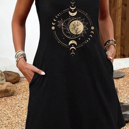 Black sleeveless dress like new with gold sun and moon print
