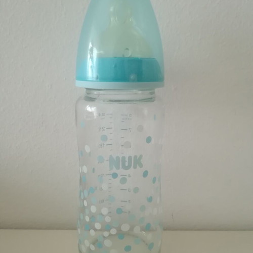 NUK First Choice glass baby bottle 240ml with silicone nipple, new, blue