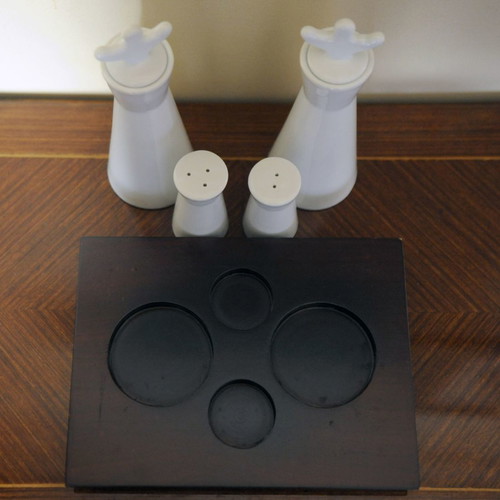 Minimal porcelain oil vinegar and salt pepper set with wooden base new
