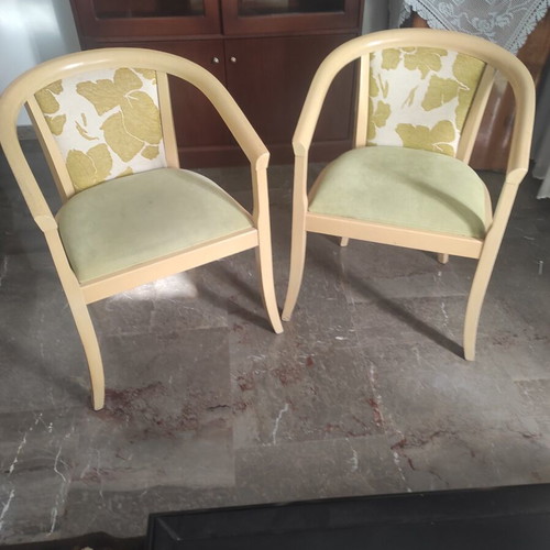 Wooden chairs used, set of 3 with fabric upholstery