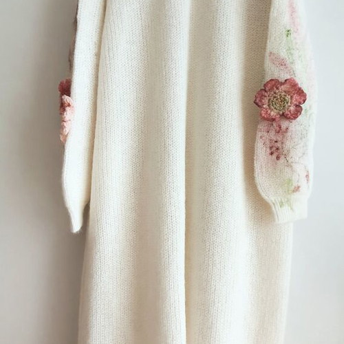 Cardigan long knit with handmade crochet flowers, new, alpaca wool