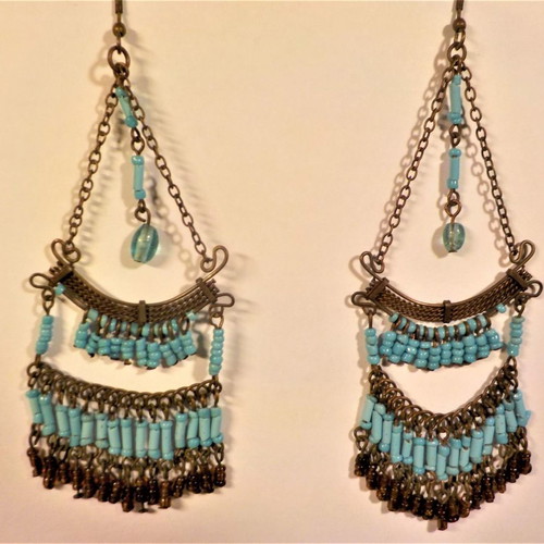 Long earrings with blue and brown beads, 12cm length