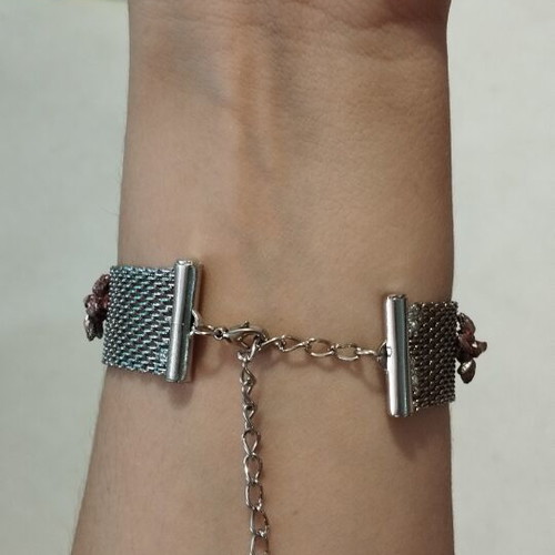 Wide mesh bracelet 2cm with romantic flowers & pearls, silver/pink