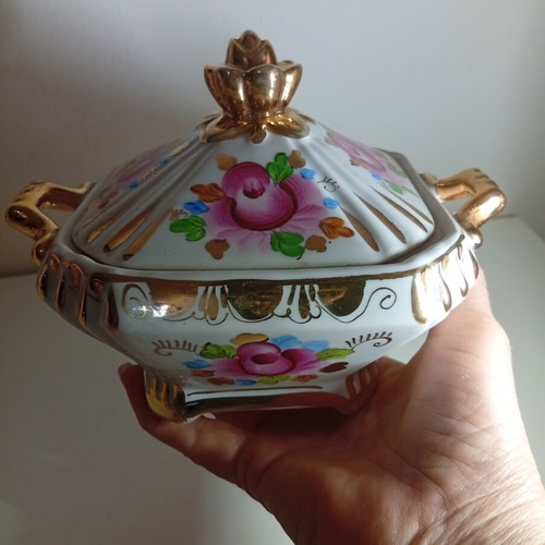 Vintage Gzhel USSR hand-painted porcelain sugar bowl
