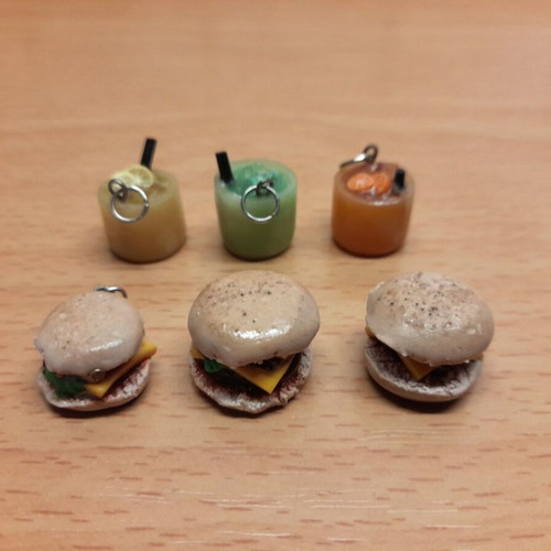 Handmade polymer clay charms new, miniature drinks and burgers