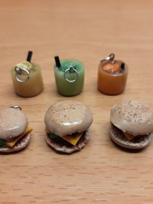 Handmade polymer clay charms new, miniature drinks and burgers
