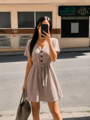 Beige dress with buttons and belt like new, size M
