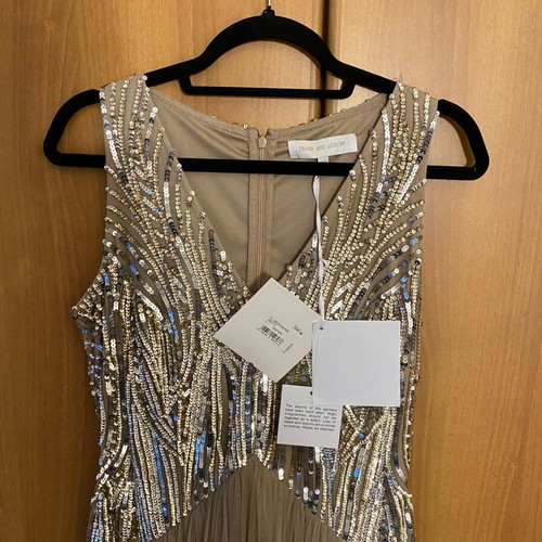 Official long dress new, beige with gold and silver sequins